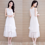 莫代尔连衣裙女夏季性感显瘦长款吊带裙法式气质白色网纱蛋糕长裙