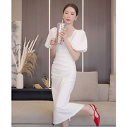 新中式国风泡泡袖修身别致洋气质高级感御姐，性感绝美白色连衣长裙