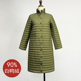 日本原单军绿色中长款白鸭绒(白鸭绒)羽绒服女秋冬条纹，立领保暖轻薄外套