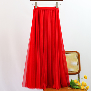 网纱半身裙中长款黑色高腰，720度大摆红色百褶垂感纱裙显瘦长裙子