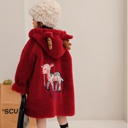 儿童皮草外套羊毛宝宝pu皮毛一体女童羊羔毛冬季(毛冬季)红色毛毛大衣