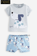 英国Next婴儿蓝白色小狗贴布卡通短袖T恤短裤套装C37-435