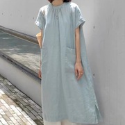 夏季日系法式气质慵懒风大口袋圆领连衣裙文艺风长袍浅蓝色
