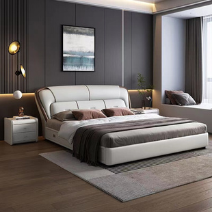 简约现代1.8米双人软床，主卧实木婚床网红气压，储物软包大床抽屉床