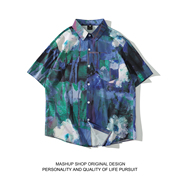 HAWAII ALOHA SHIRTS 复古油画印花短袖衬衫男宽松休闲翻领衬衣潮