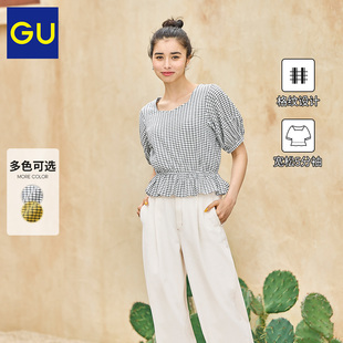 GU极优女装格纹宽松袖衬衫(5分袖)春夏季艺术短袖340825