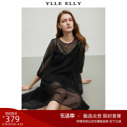 ylleelly不规则波点连衣裙秋装泡泡中袖圆领，雪纺小黑裙