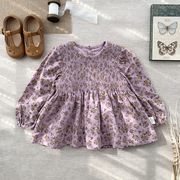 宝宝上衣春秋款ins棉质，小女孩洋气衬衫碎花，婴童圆领磨毛紫色衬衣