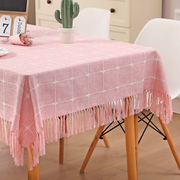 棉麻茶几桌布流苏家用简约长方形餐桌布书桌台布格子盖布纯棉书带