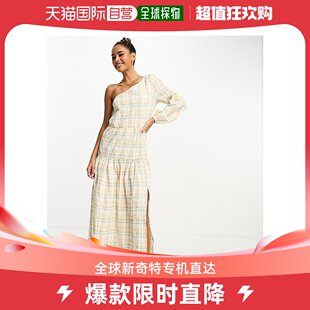 香港直邮潮奢 ASOS 女士设计单肩夏装格纹中长连衣裙