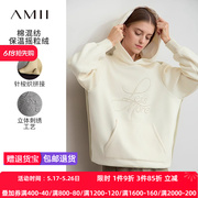 Amii2025冬新款撞色撞料拼接连帽刺绣口袋加绒卫衣女宽松休闲上衣