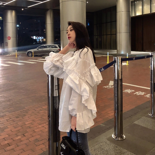 韩国2024春装女宽松荷叶边小清新中长款衬衫，白色衬衣娃娃裙