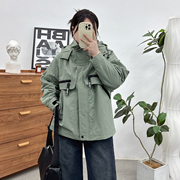 胖MM连帽风衣外套女春秋装大码宽松休闲时髦设计感工装防风冲锋衣