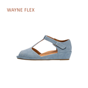 WAYNE FLEX夏季鹿皮鱼嘴露趾T型绑带轻便舒适坡跟包跟凉鞋女