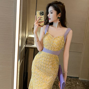 2023夏季女法式设计感黄色碎花连衣裙无袖，吊带长款裙子10577