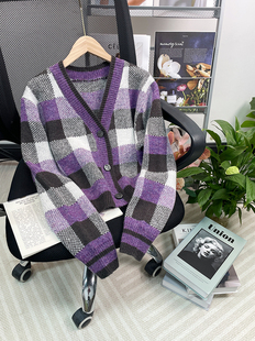木兰唧唧紫色格子提花针织，上衣v领短款气质南非马海毛毛衣外套潮