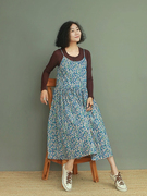 姜欢设计夏款日本进口纯棉花朵宽松版型文艺风吊带大裙摆连衣裙