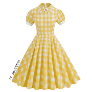 法式少女甜美港风设计感娃娃领短袖收腰大摆中长黄色格子连衣裙夏