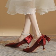 红色高跟鞋婚鞋新娘鞋女2023订婚配红裙子细跟玛丽珍鞋不累脚