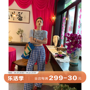 dula好好家蓝色格子，阔腿裤女夏季2024高腰，宽松显瘦拖地长裤