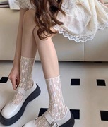 小花蕾丝袜子女夏季薄款玛丽珍米，白色网纱堆堆，袜中筒袜甜美短筒袜