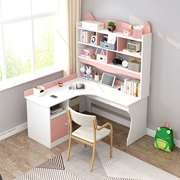 卧室现代简约学生女孩粉色，儿童房书桌，书柜组合一体转角书架书桌