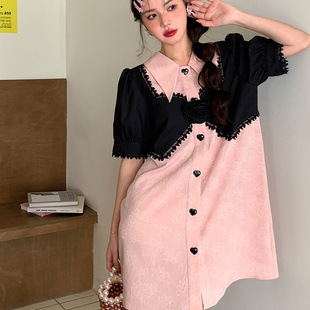 m0740夏季粉色铅笔单排扣衬衣裙子，翻领短裙名媛优雅连衣裙ins高级