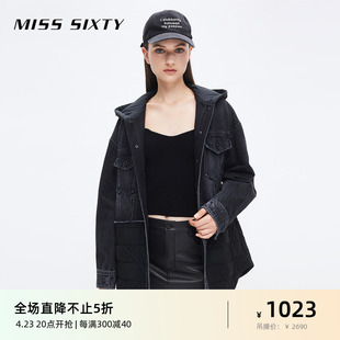 Miss Sixty2023秋季夹棉外套女牛仔拼接连帽宽松保暖设计感