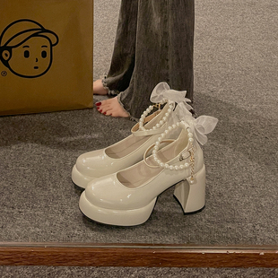 白色蝴蝶结珍珠粗跟玛丽珍鞋女2024年法式复古配裙子高跟单鞋