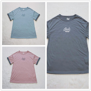 外贸美国大品牌夏女灰色蓝色，浅粉色弹力，圆领宽松垂感印花短袖t恤