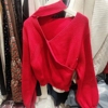 品质货红色v领挂脖羊毛，混纺加厚针织毛衣女(毛，衣女)灯笼袖短款洋气2021冬