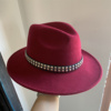 秋冬帽子INS铆钉酒红色羊毛呢礼帽平沿帽时尚显脸小英伦欧美