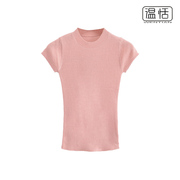 美式复古小圆领套头短袖T恤女纯欲粉色修身显瘦针织上衣