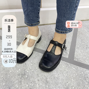 韩国2022春chic复古黑白撞色圆头减龄T型搭扣平底小单鞋