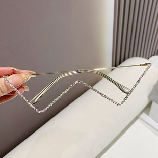 韩版个性w形半框无镜片眼镜架时尚金属链条镶钻凹造型ins潮酷眼镜