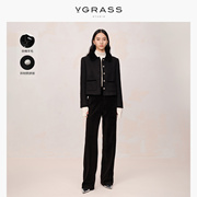 法式复古VGRASS黑色丝绒质感冬短外套冬季修身显瘦