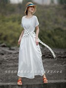 民族风时尚轻奢休闲斑点标短袖连衣裙女夏季白色系带收腰大码长裙