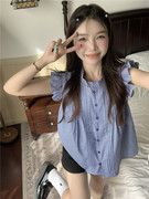 韩国法式设计感甜美小飞袖白色格子衬衫女夏季小众无袖娃娃衫上衣