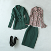 春夏OL职业风墨绿色双排扣西服+西装半裙+长袖衬衣套装