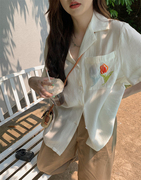雪纺衬衫女夏季薄款宽松韩版设计感小众法式别致短袖方领上衣外穿
