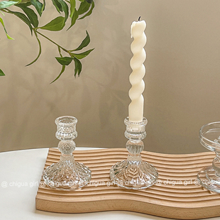 欧式复古浮雕水晶玻璃烛台拍照餐桌浪漫摆件ins香薰蜡烛台座法式