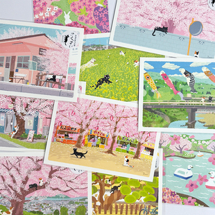 日本手绘小清新猫的旅行春日风景，限定樱花款空白明信片无信封