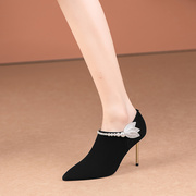 黑色珍珠高跟鞋女细跟春秋季气质法式小踝靴尖头磨砂深口单鞋
