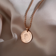 网红款毛衣链长款2023年韩国时尚硬币金币，项链高档钛钢玫瑰金