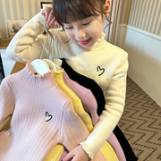 女童加绒中领毛衣冬装2024儿童一体绒，保暖上衣纯色针织打底衫