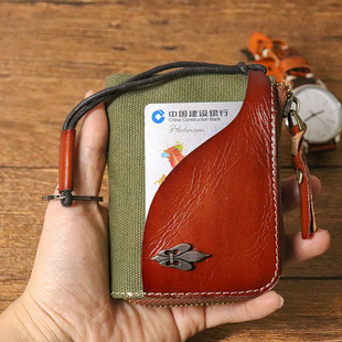 手工头层牛皮植鞣皮钥匙包，女士复古日系风多功能卡包零钱包
