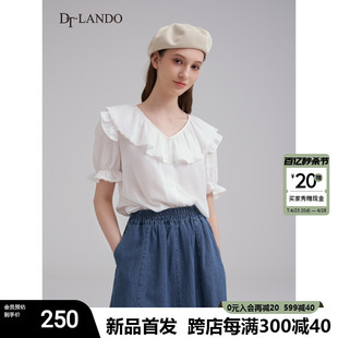 DTLANDO短袖衬衫女夏季法式甜美荷叶边蕾丝设计感雪纺衫上衣