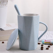贝瑟斯简约办公室马克杯带盖带勺陶瓷杯创意牛奶杯菱形情侣杯蓝色