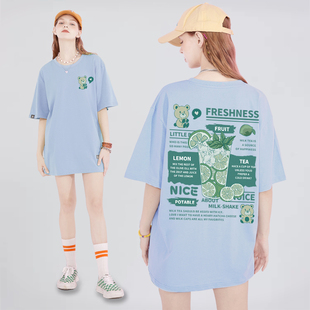 水果图案t恤女短袖柠檬绿色正肩小个子宽松体恤半袖2023夏季