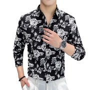 复古中国风印花衬衫男长袖韩版修身潮流高级感花朵纹衬Z衫外穿上